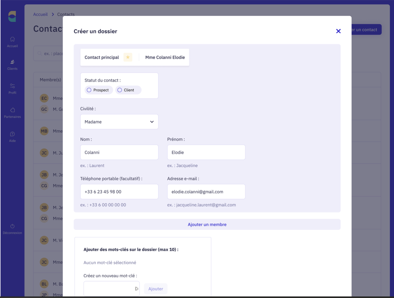 Interface du SaaS Elwin