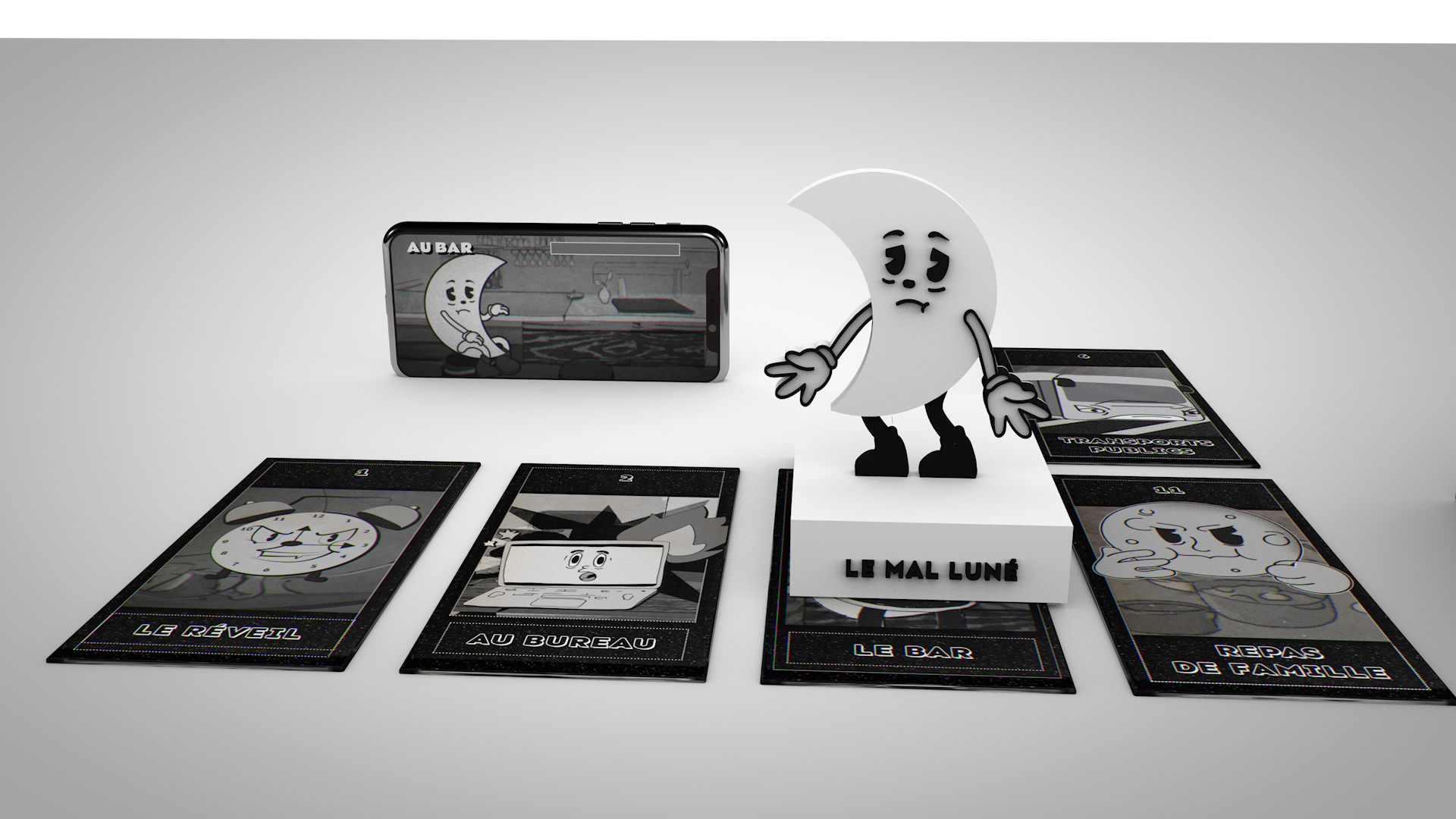 Vue d’ensemble du jeu, des cartes, du téléphone et de la figurine Mal Luné